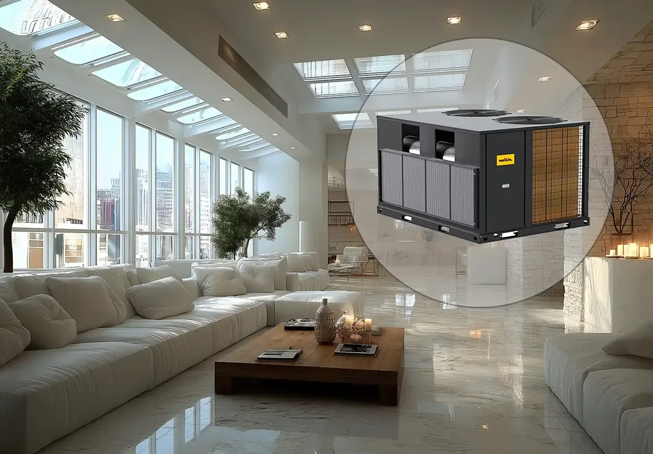 A Welkin rooftop package unit on the roof of a modern building.